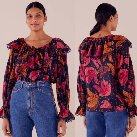 Farm Rio Bananas Patchwork Shirt Ruffled Oversized M - Picture 3 of 8